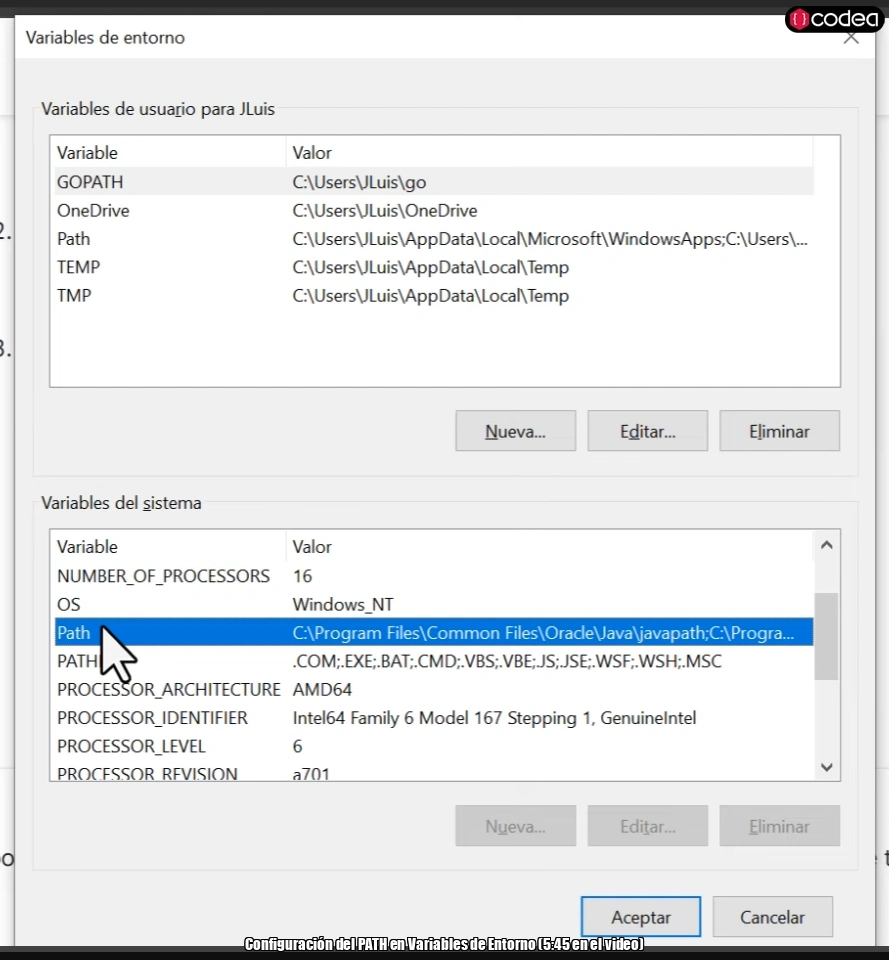 Configuración del PATH en Variables de Entorno (5:45 en el video)