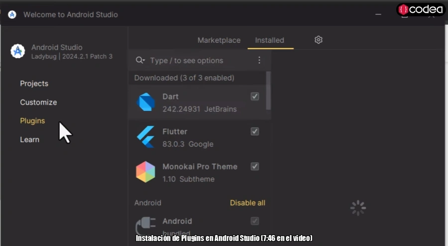 Instalación de Plugins en Android Studio (7:46 en el video)